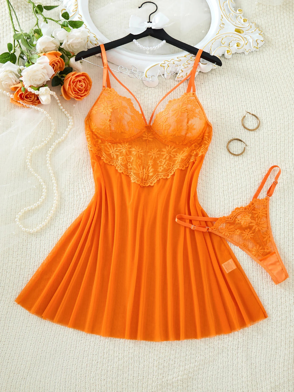 Orange Daisy Lace Mesh Nightgown Set
