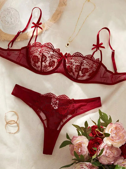 Women's Sheer Floral Embroidered Lingerie Set