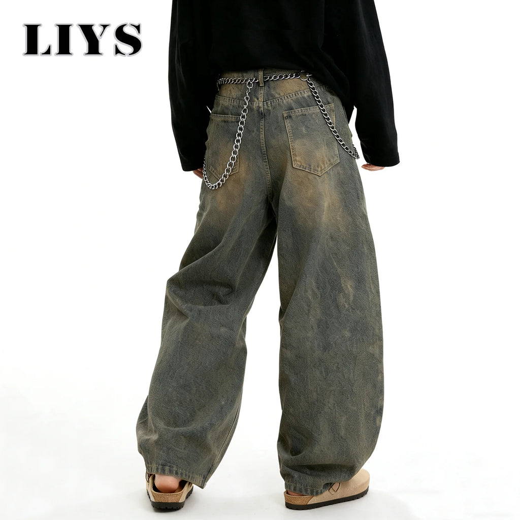 LIYS American Retro Baggy Wide Leg Jeans Men's Streetwear Distressed Y2K Clothing Casual Daily Four Seasons Denim Pants Unisex