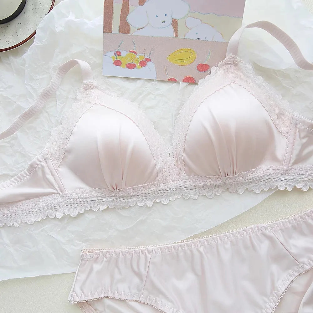 Sexy Lace Bra Set Teenage Thin Section Underwear Female Satin Lace Sweet Pure Desire Gathered Anti-Sagging Triangle Cup Bra