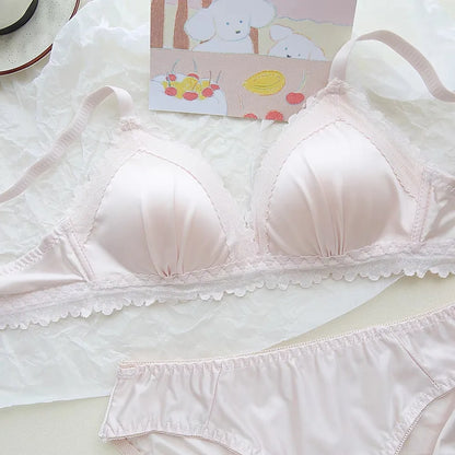 Sexy Lace Bra Set Teenage Thin Section Underwear Female Satin Lace Sweet Pure Desire Gathered Anti-Sagging Triangle Cup Bra