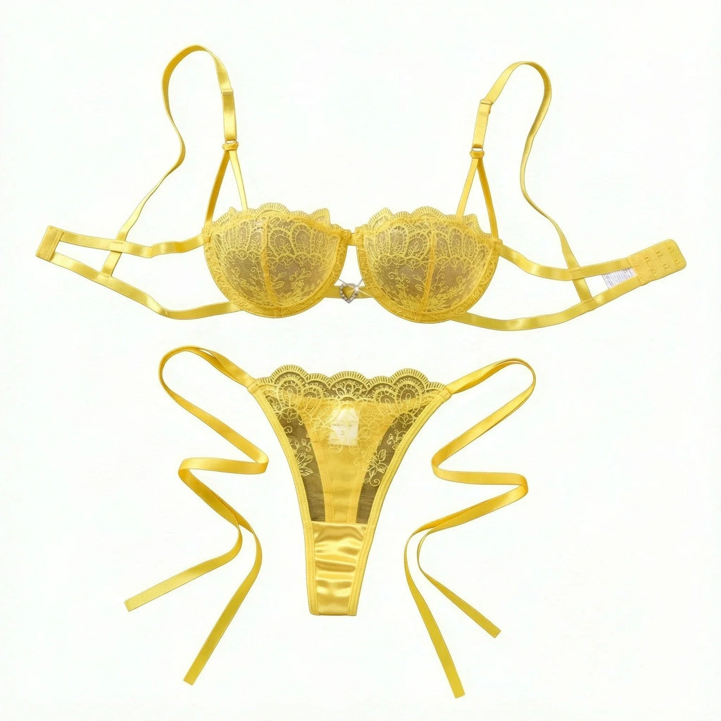 Yellow Floral Embroidered Bra & Tie-Side Thong Set