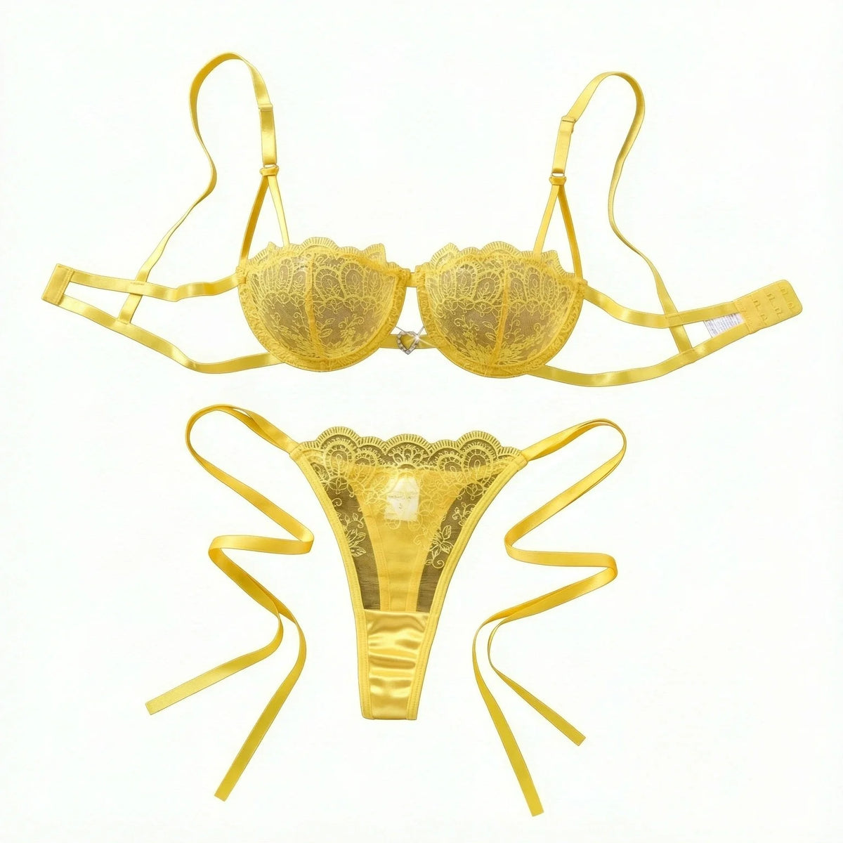 Yellow Floral Embroidered Bra & Tie-Side Thong Set