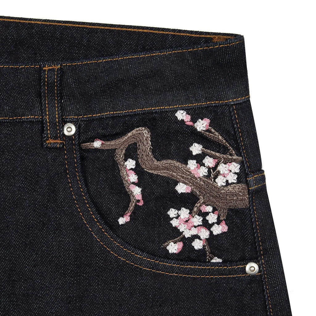 Cherry Blossom Selvedge Embroidery Denim Pants Y2k Retro Men Casual Baggy Straight Wide Leg Jeans High Quality Hiphop Streetwear