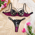 Hot Pink Leopard Floral Embroidered Bra & Thong Set
