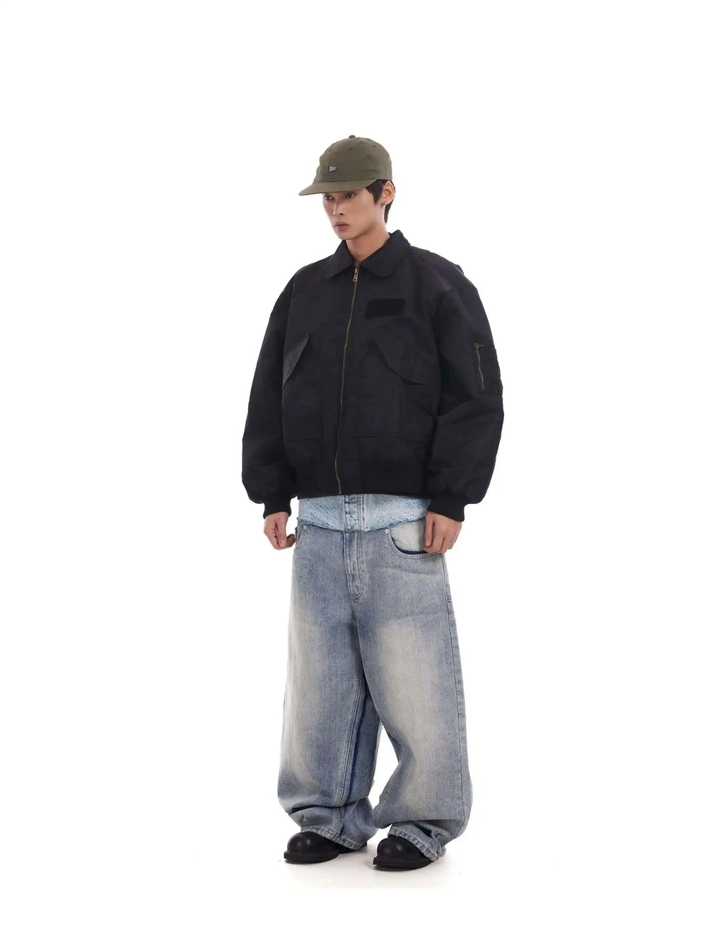 PFNW Niche Colorblock Patchwork Wide Leg Blue Jeans Men's Spring 2025 New Straight Double Waist Design Denim Trousers 28W6048