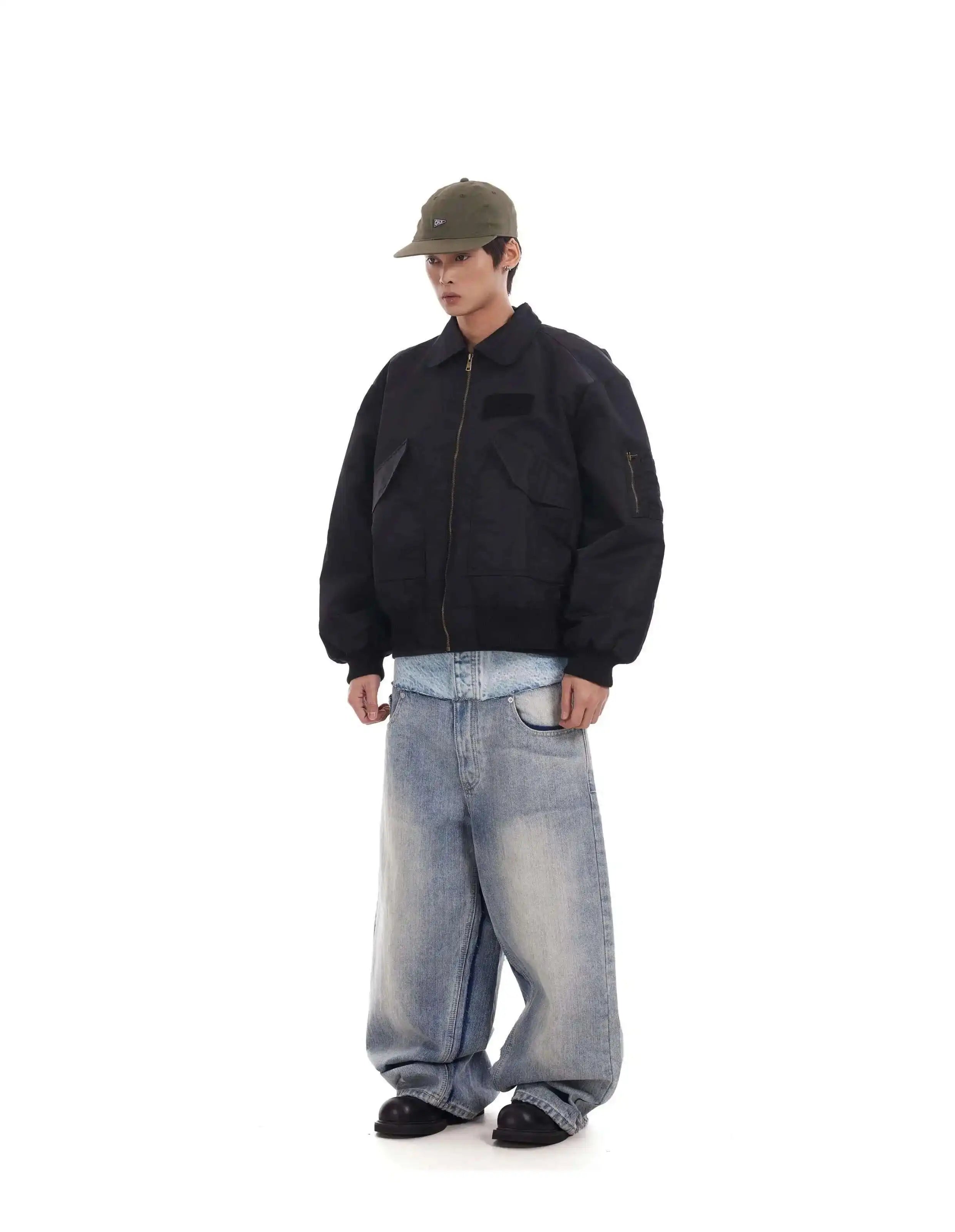 PFNW Niche Colorblock Patchwork Wide Leg Blue Jeans Men's Spring 2025 New Straight Double Waist Design Denim Trousers 28W6048