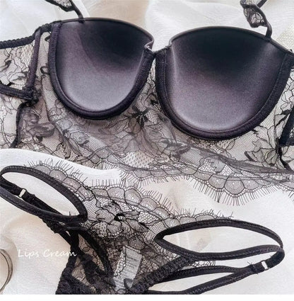 Sexy Lace Underwear Female Poly Poly Thin Soft Steel Ring up Support Anti-Sagging Collect Vice Breasts Solid Color Back Bra Set