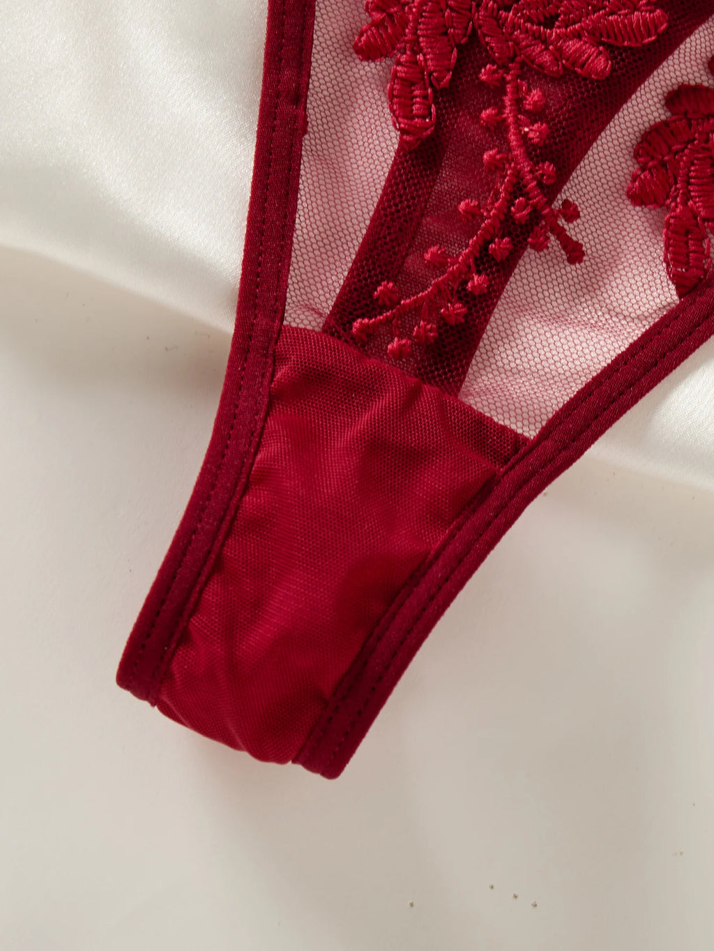 Wine Red Floral Embroidered Nightgown Set