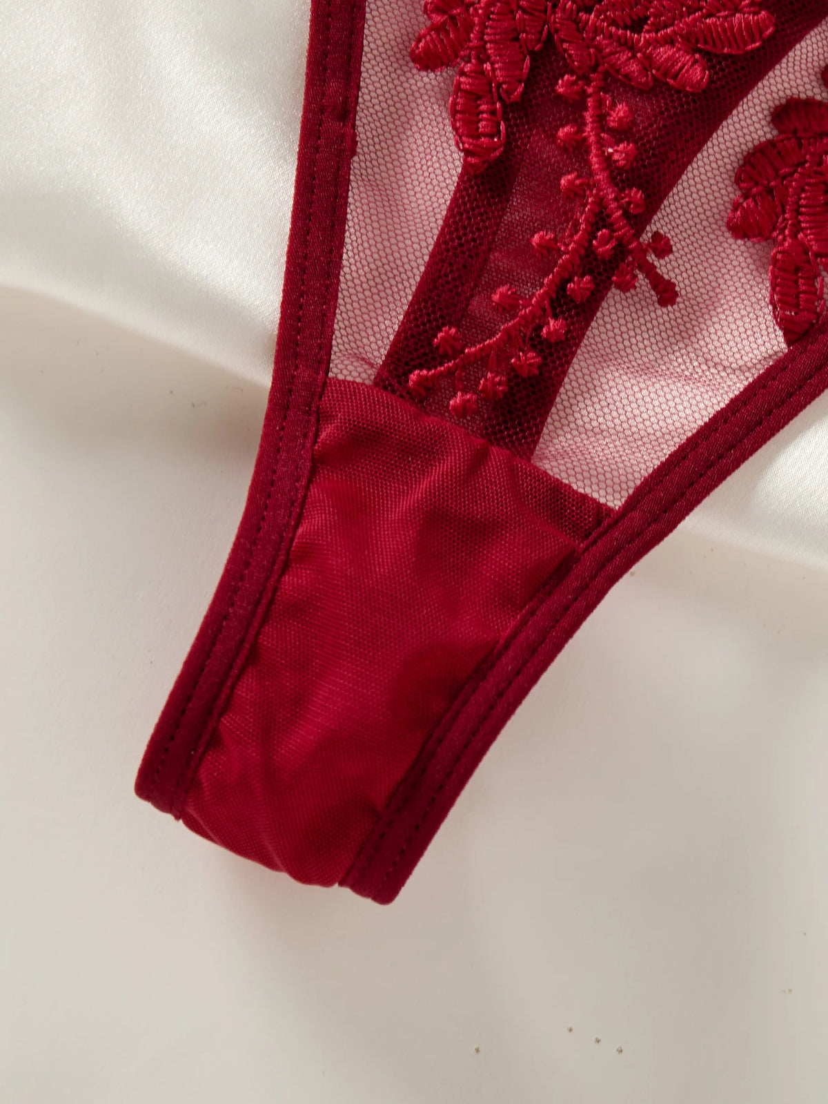 Wine Red Floral Embroidered Nightgown Set