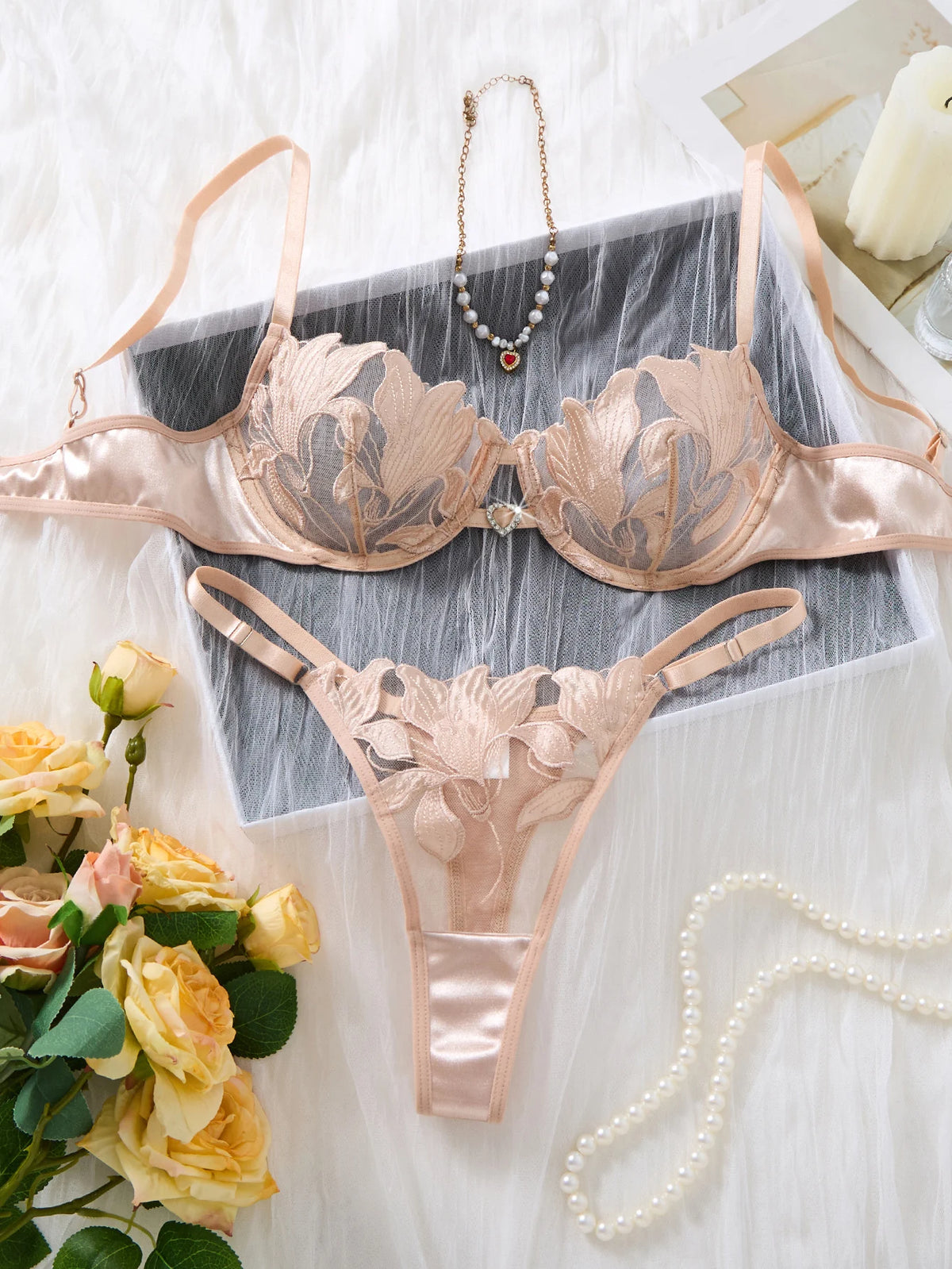 Champagne Floral Embroidered Bra & Thong Set