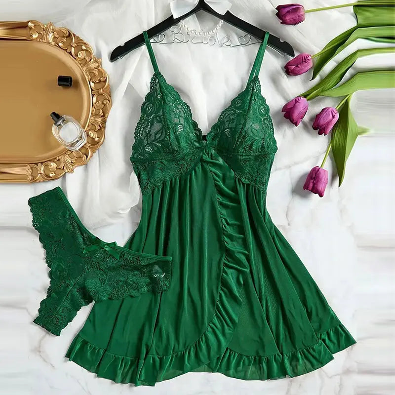 Summer Hot Sexy Sleepwear Dress Sleeveless Backless Women Lace Sheer Nightdress Solid Color Soft Pajamas Short V-neck Thong Set