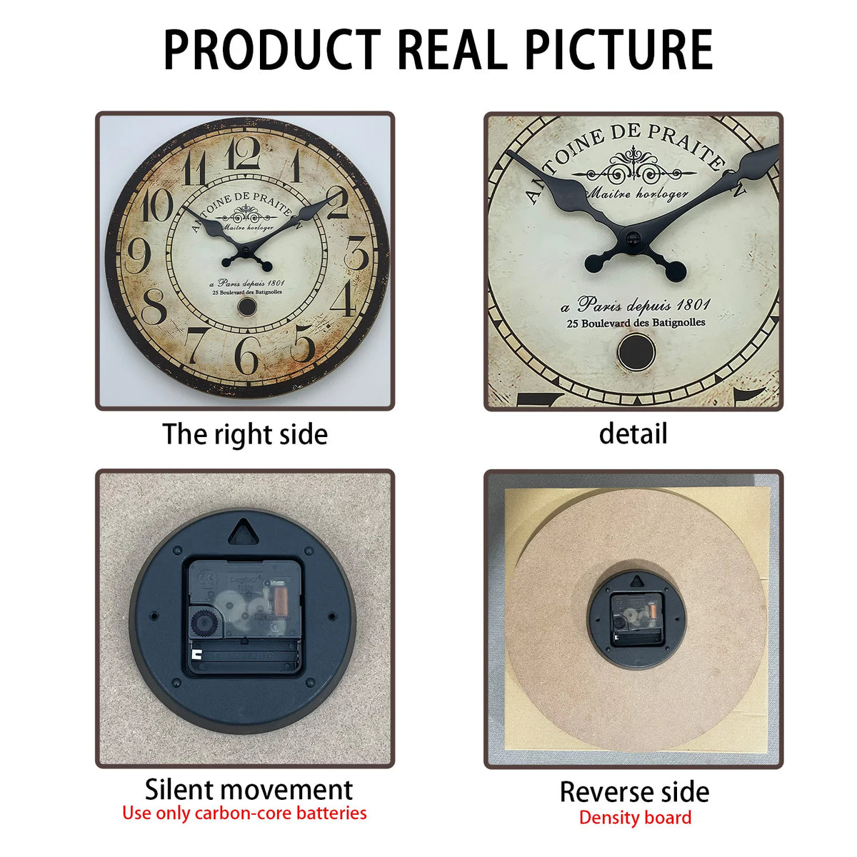 Retro“ Antoine De Praiteon a Paris Dehuis1801” Pattern Wooden Wall Clock Living Room Bedroom Kitchen Home Decoration Wall Clock Silent Quartz Clock Holiday Gift 10 Inches 12 Inches 14 Inches 16inch (Without Battery)