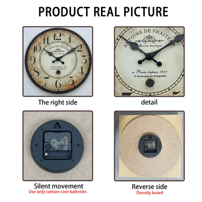 Retro“ Antoine De Praiteon a Paris Dehuis1801” Pattern Wooden Wall Clock Living Room Bedroom Kitchen Home Decoration Wall Clock Silent Quartz Clock Holiday Gift 10 Inches 12 Inches 14 Inches 16inch (Without Battery)