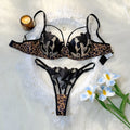 Black Leopard Floral Embroidered Bra & Thong Set