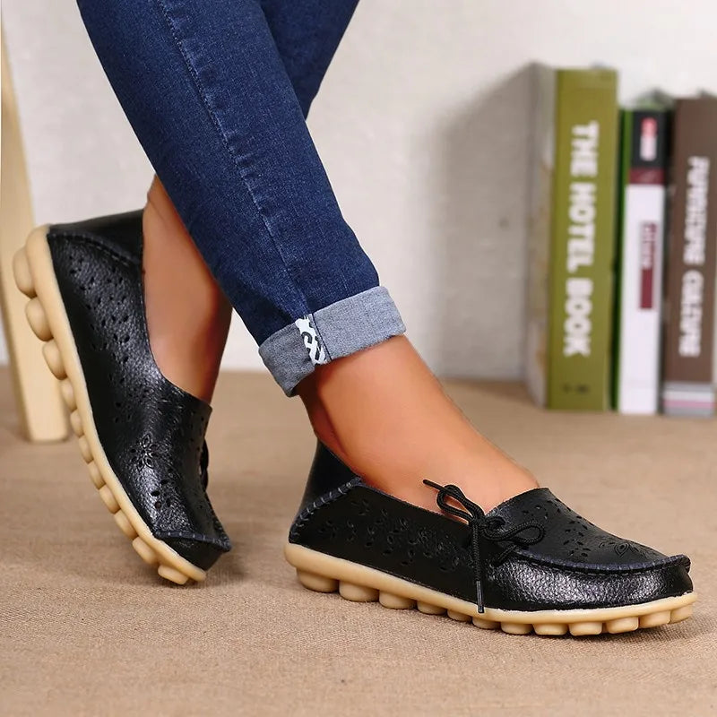 Women's Leather Ballet Flats — Hollow Slip-On Ballerina Shoes