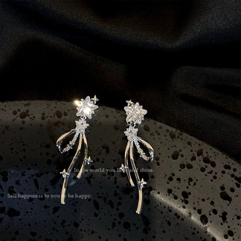 Y2K Zircon Star Bow Drop Earrings for Women Elegant Crystal Sparkling Star Tassel Stud Earring 2025 New Earrings Egirl Jewelry