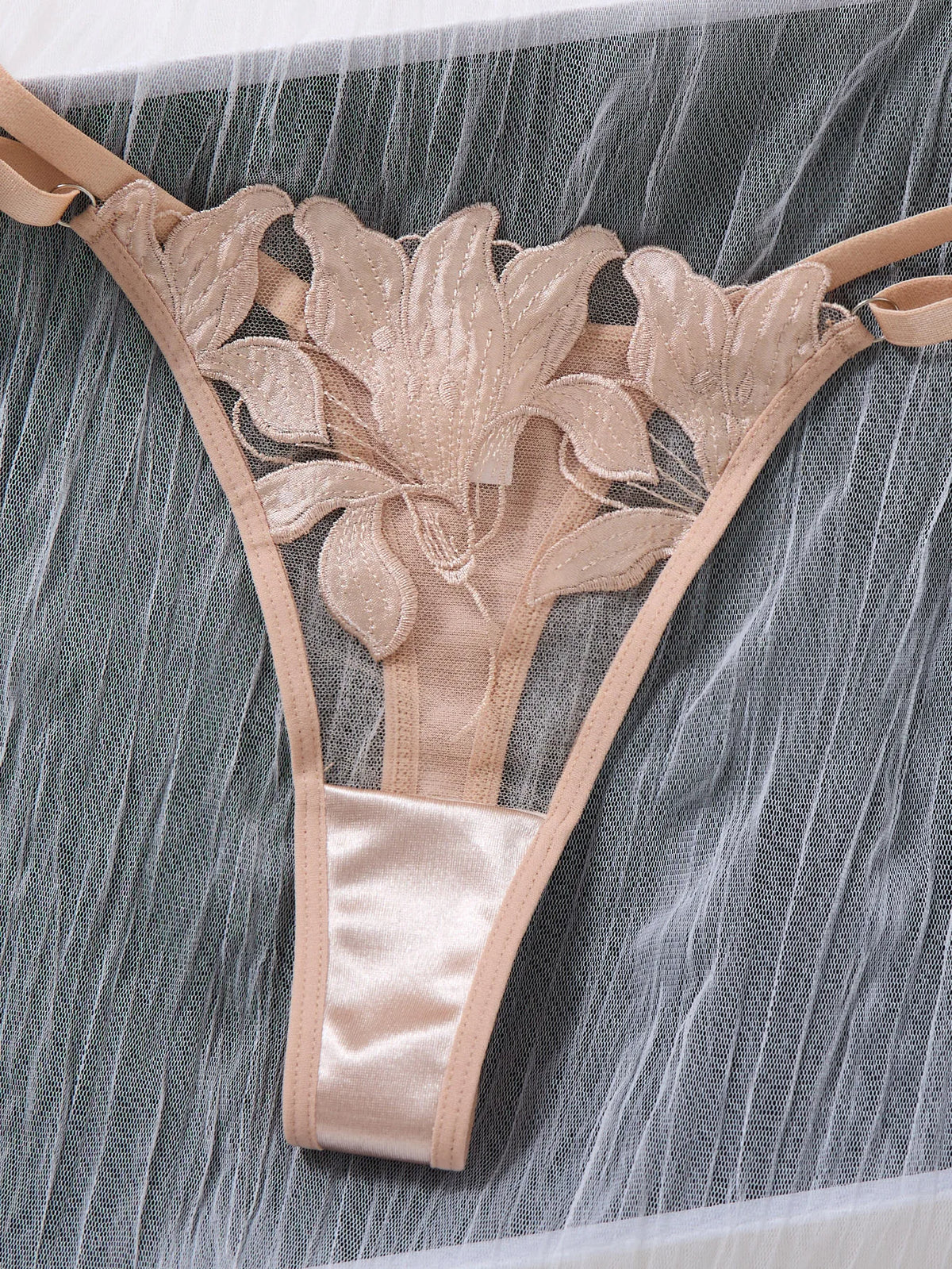 Champagne Floral Embroidered Mesh Bra & Thong Set
