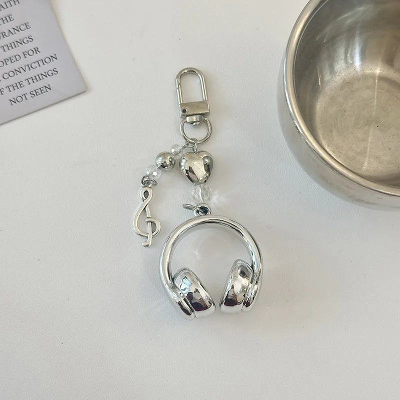 Y2K Pink Purple Gradient Color Music Earphone Beaded Keychain Creative Mini Headset Pendant Keyring Paired Lanyard Key Chain