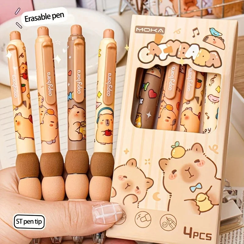 Set of 4 Capybara-Themed Erasable Gel Pens Point of 0.5 Mm Soft Grip Barrel Perfect Gift Choice Office And School Supplies