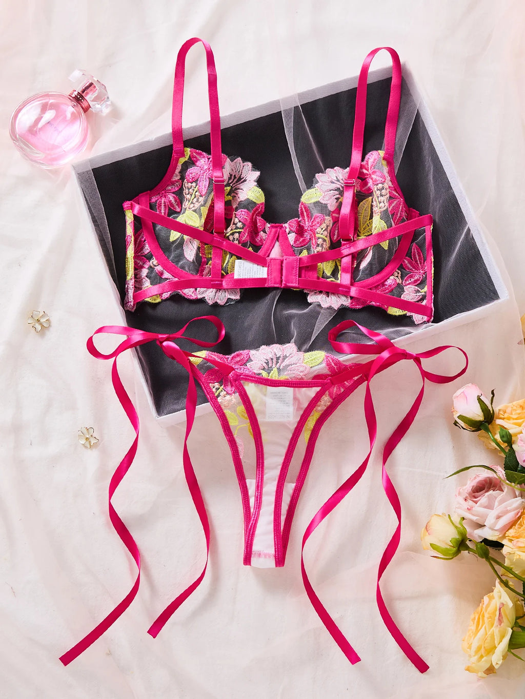 Red Multicolor Floral Embroidered Bra & Thong Set