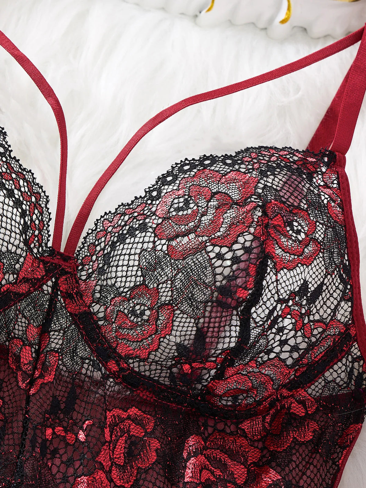 Wine Red Rose Embroidered Lace Nightgown Set