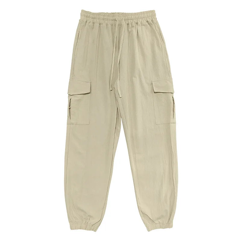 Amazon Cross-Border Cotton and Linen Tied Feet Multi-Pocket Tether Solid Color Loose Drawstring Trousers