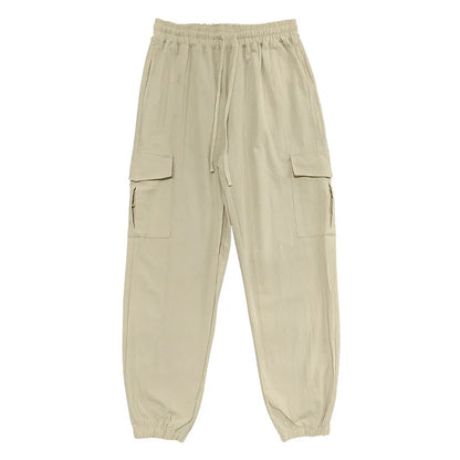 Amazon Cross-Border Cotton and Linen Tied Feet Multi-Pocket Tether Solid Color Loose Drawstring Trousers