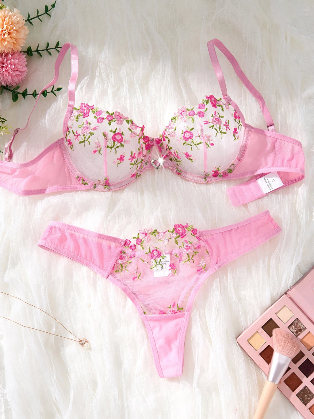 Pink Floral Embroidered Bra & Thong Set