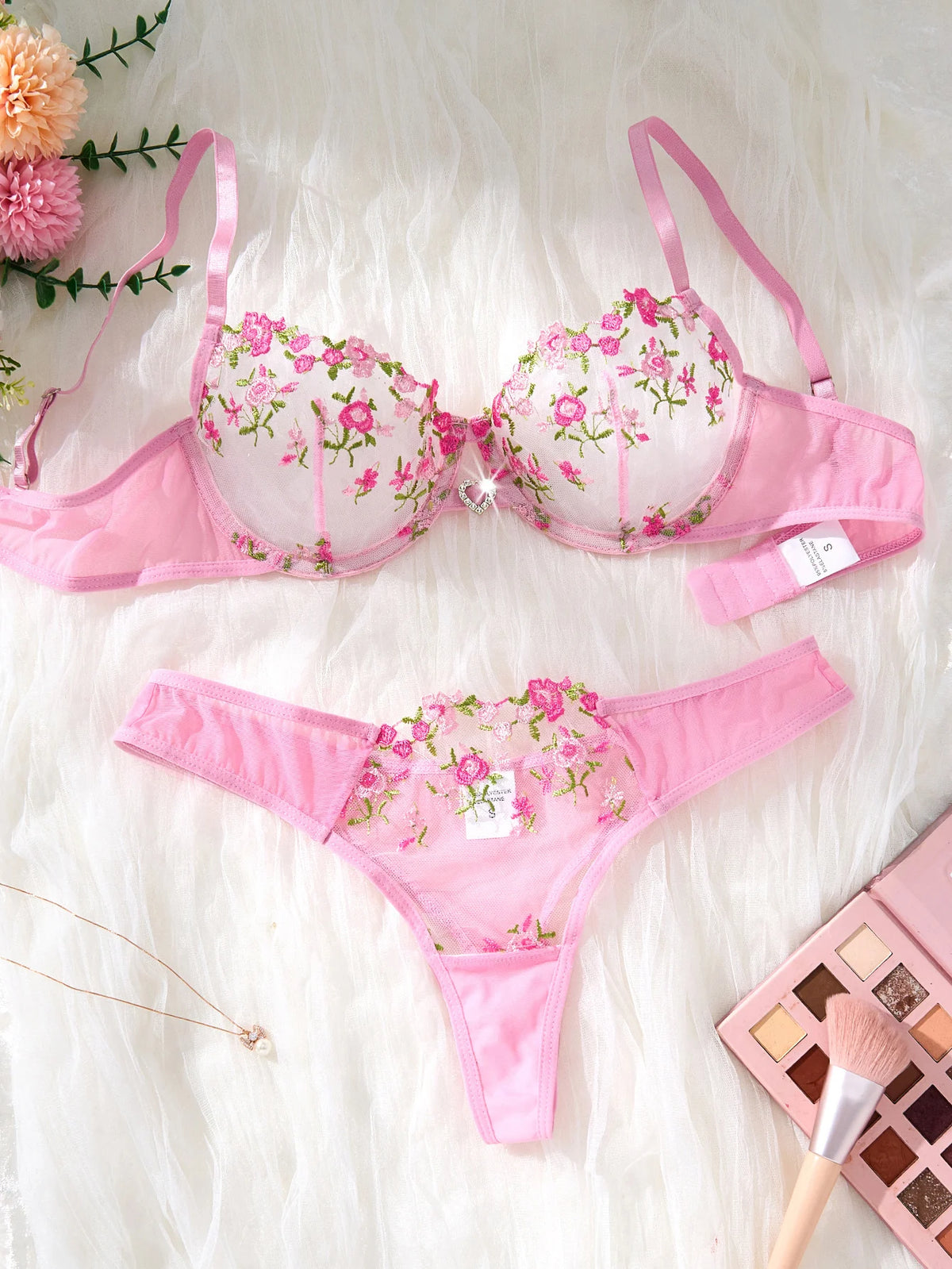Pink Floral Embroidered Bra & Thong Set
