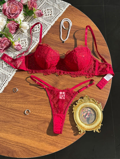 Women's Red Lace Embroidered Bra & Panty Set