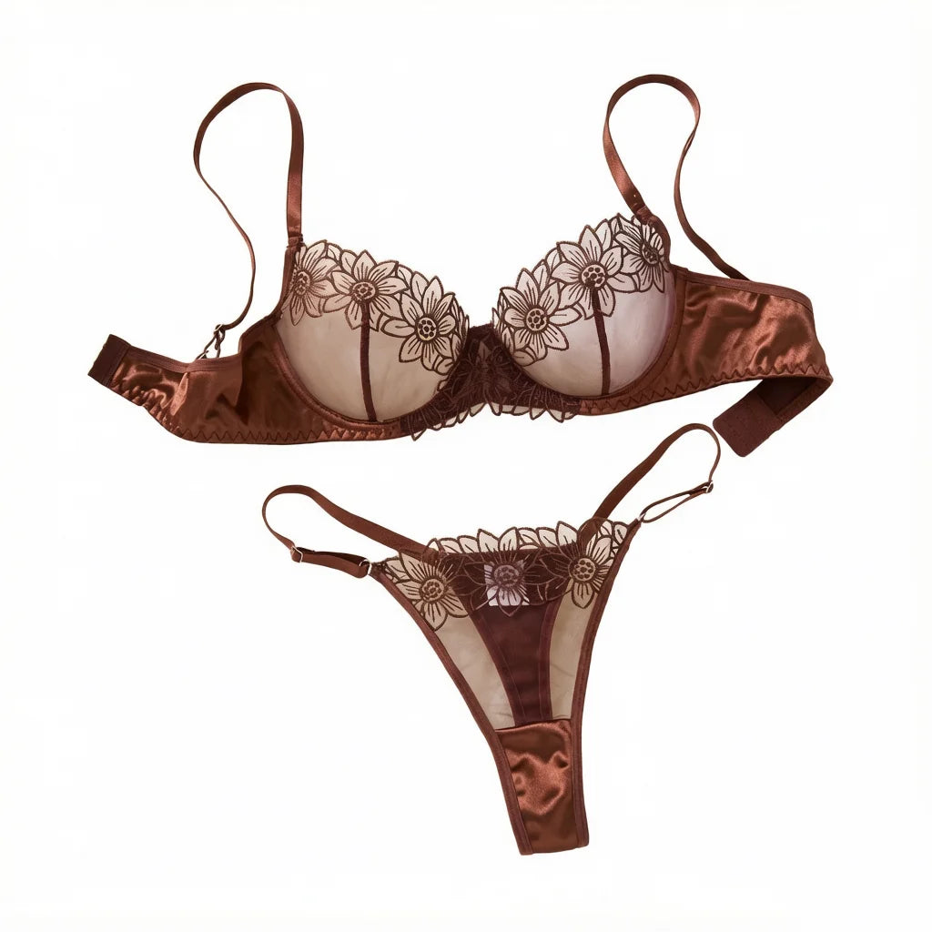 Coffee Brown Floral Embroidered Bra & Thong Set