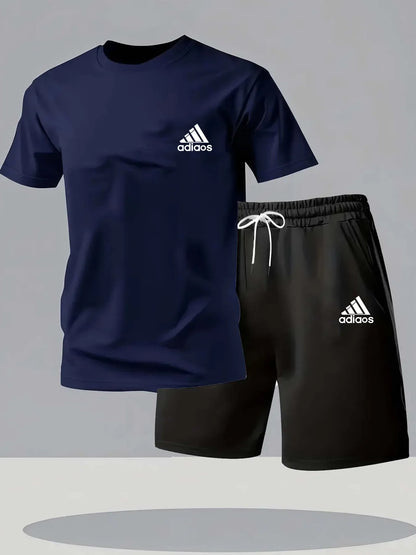 New summer fitness sportswear for men, short-sleeved T-shirt and shorts two-piece set, breathable and quick-drying casual wear.