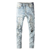 Men Crystal Holes Ripped Patchwork Jeans Streetwear Light Blue Denim Slim Skinny Pencil Pants Trousers