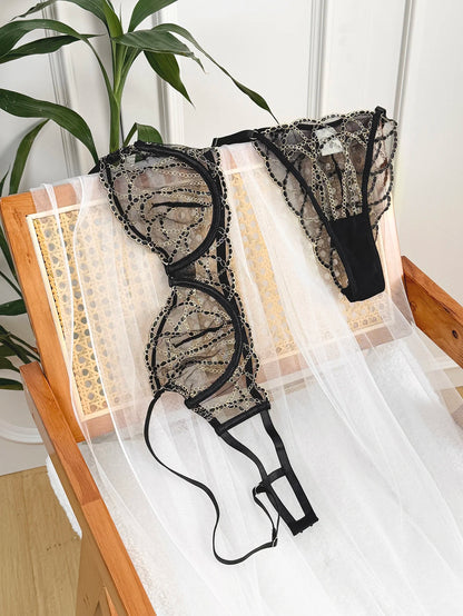 Women's Black Lace Gold-Chain Bra & G-String Set