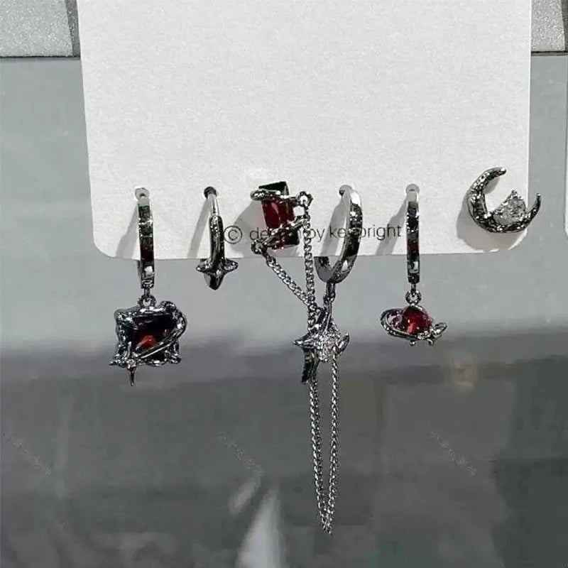 6Pcs Y2K Dark Red Zircon Star Moon Earring Set Gothic Black Butterfly Bow Tassel Earrings Set Kpop Heart Cross Star Earring Sets