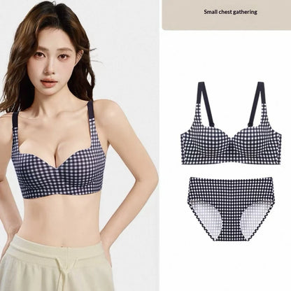 Seamless One-Piece Plaid Bra Set, Gathers Small Breasts, Makes Them Look Bigger, Lifts, Comfortable Wireless Underwear Set