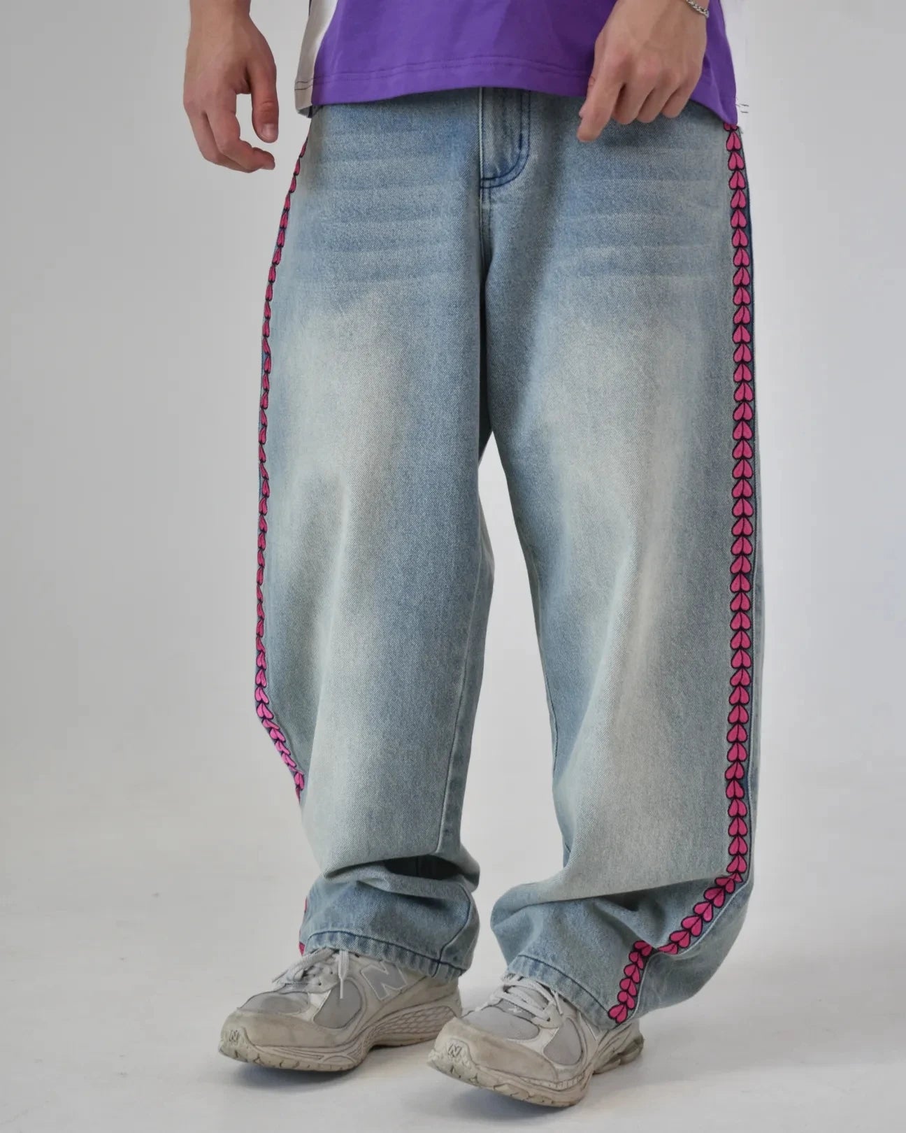 Y2K Men D4C JoJo High Waist Baggy Jeans Women Pink Heart Side Embroidery Loose Fit Washed Denim Pants Streetwear Wide Leg Pants