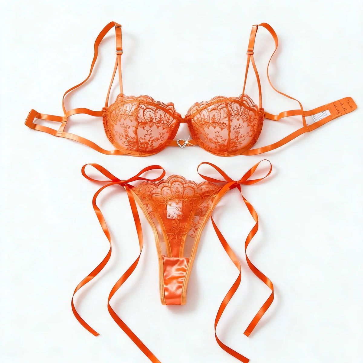 Orange Floral Embroidered Bra & Tie-Side Thong Set