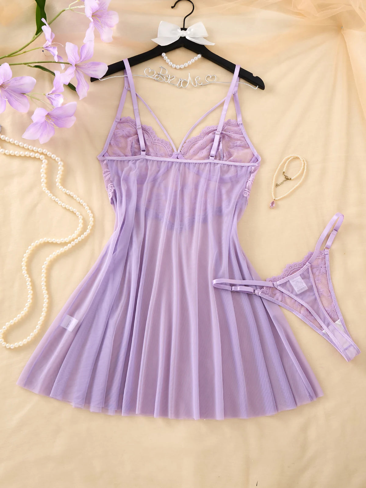 Purple Floral Embroidered Halter Nightgown