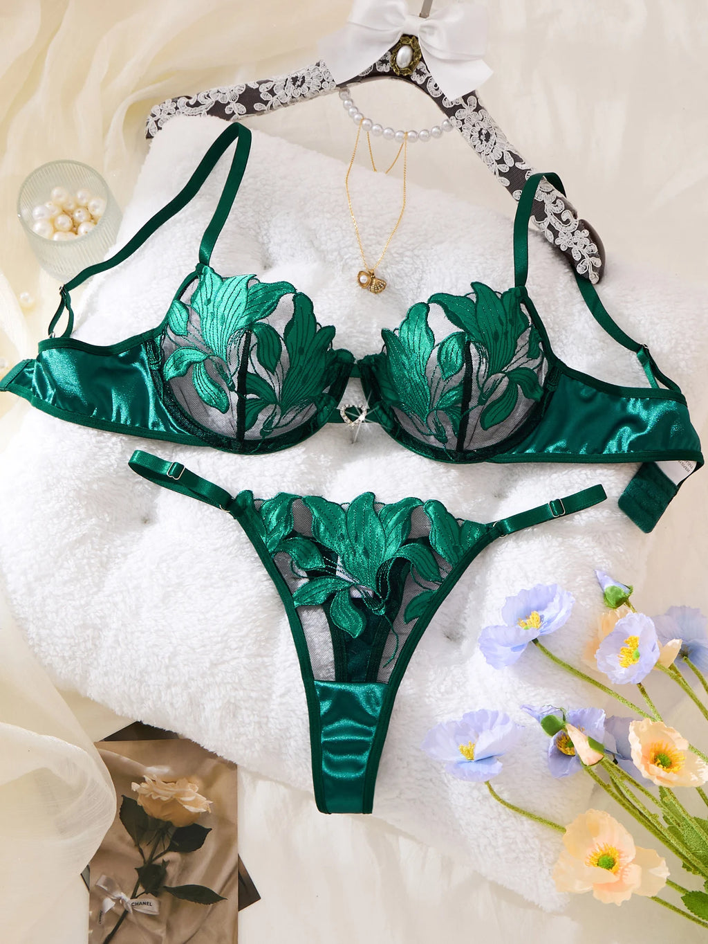 Green Floral Embroidered Bra & Brief Set