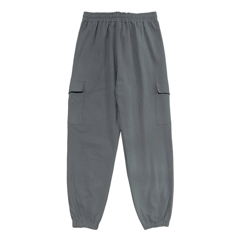 Amazon Cross-Border Cotton and Linen Tied Feet Multi-Pocket Tether Solid Color Loose Drawstring Trousers