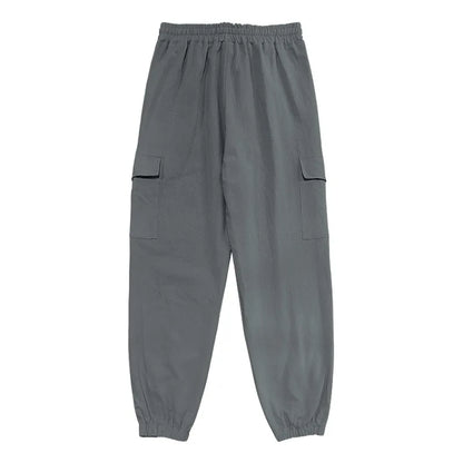 Amazon Cross-Border Cotton and Linen Tied Feet Multi-Pocket Tether Solid Color Loose Drawstring Trousers
