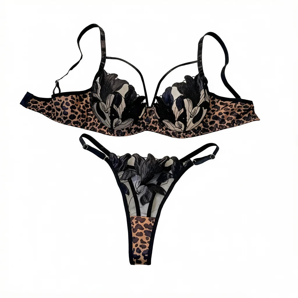 Black Leopard Floral Embroidered Bra & Thong Set