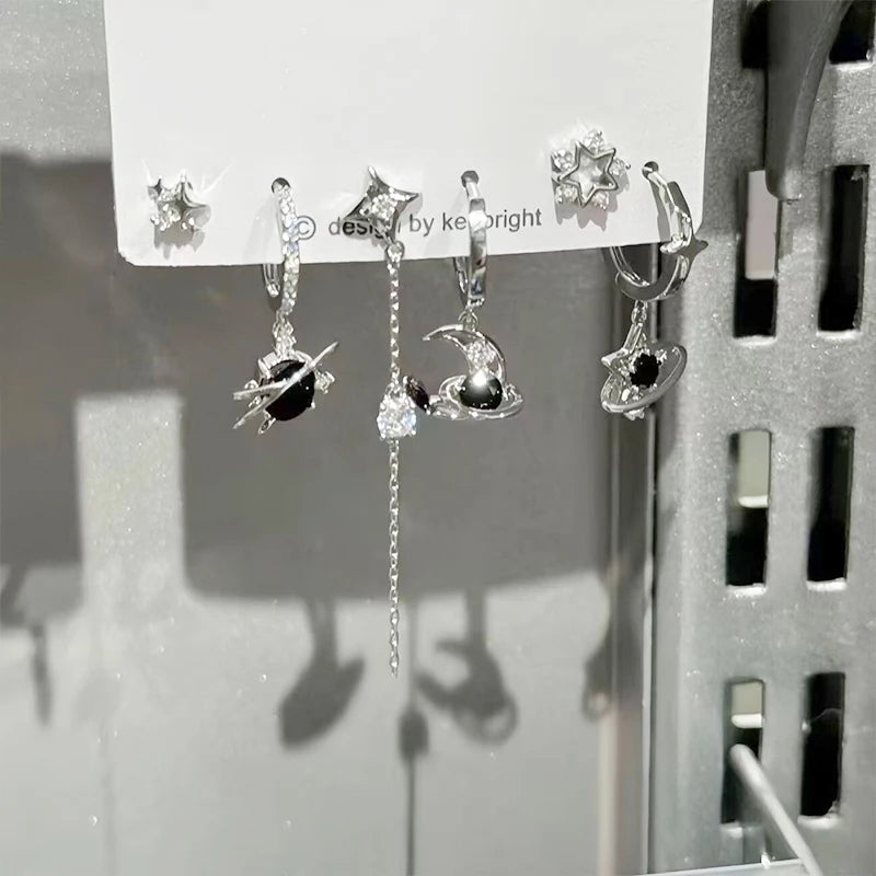 6Pcs Y2K Dark Red Zircon Star Moon Earring Set Gothic Black Butterfly Bow Tassel Earrings Set Kpop Heart Cross Star Earring Sets
