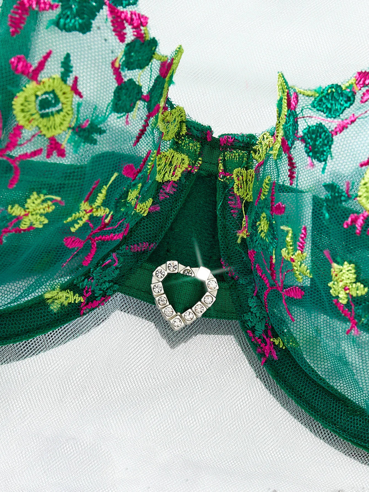 Green Floral Embroidered Bra & Thong Set