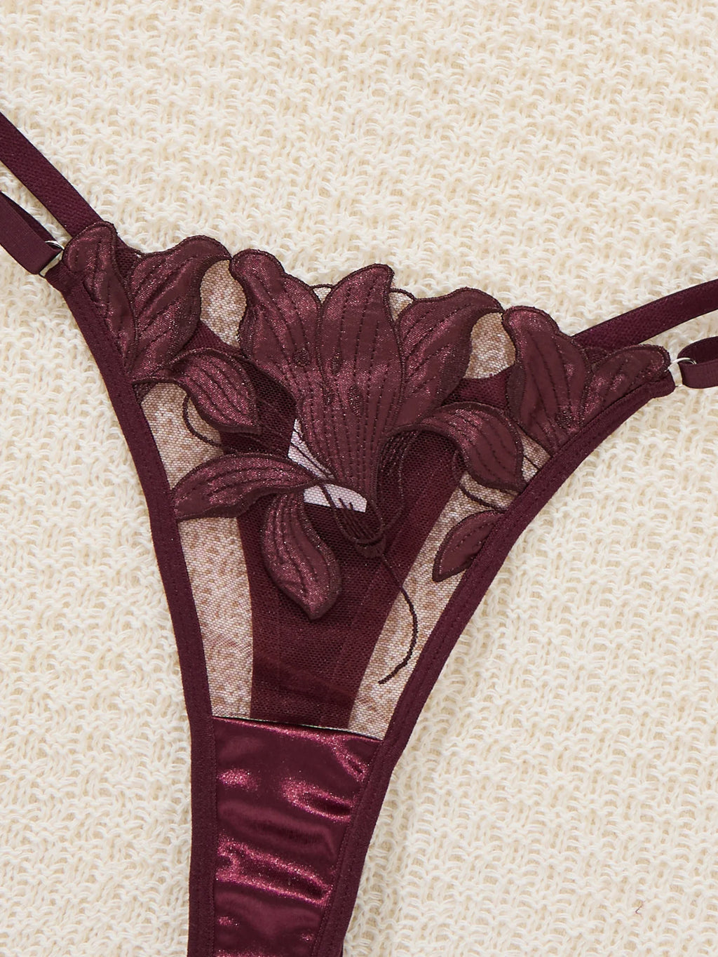 Purple Floral Embroidered Bra & Thong Set