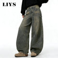 LIYS American Retro Baggy Wide Leg Jeans Men's Streetwear Distressed Y2K Clothing Casual Daily Four Seasons Denim Pants Unisex