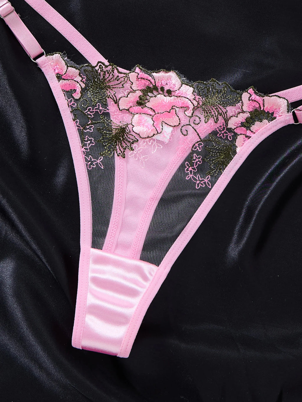 Pink Floral Embroidered Lace Bra & Thong Set