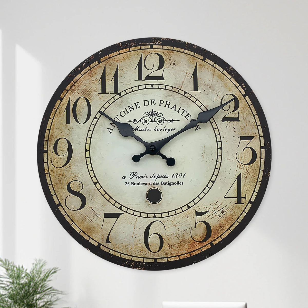 Retro“ Antoine De Praiteon a Paris Dehuis1801” Pattern Wooden Wall Clock Living Room Bedroom Kitchen Home Decoration Wall Clock Silent Quartz Clock Holiday Gift 10 Inches 12 Inches 14 Inches 16inch (Without Battery)